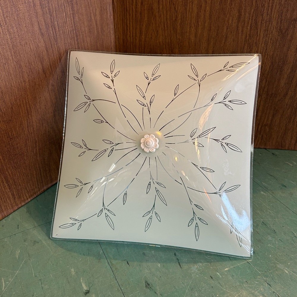 Vintage ceiling light fixture square white glass mid century mcm leaf vine